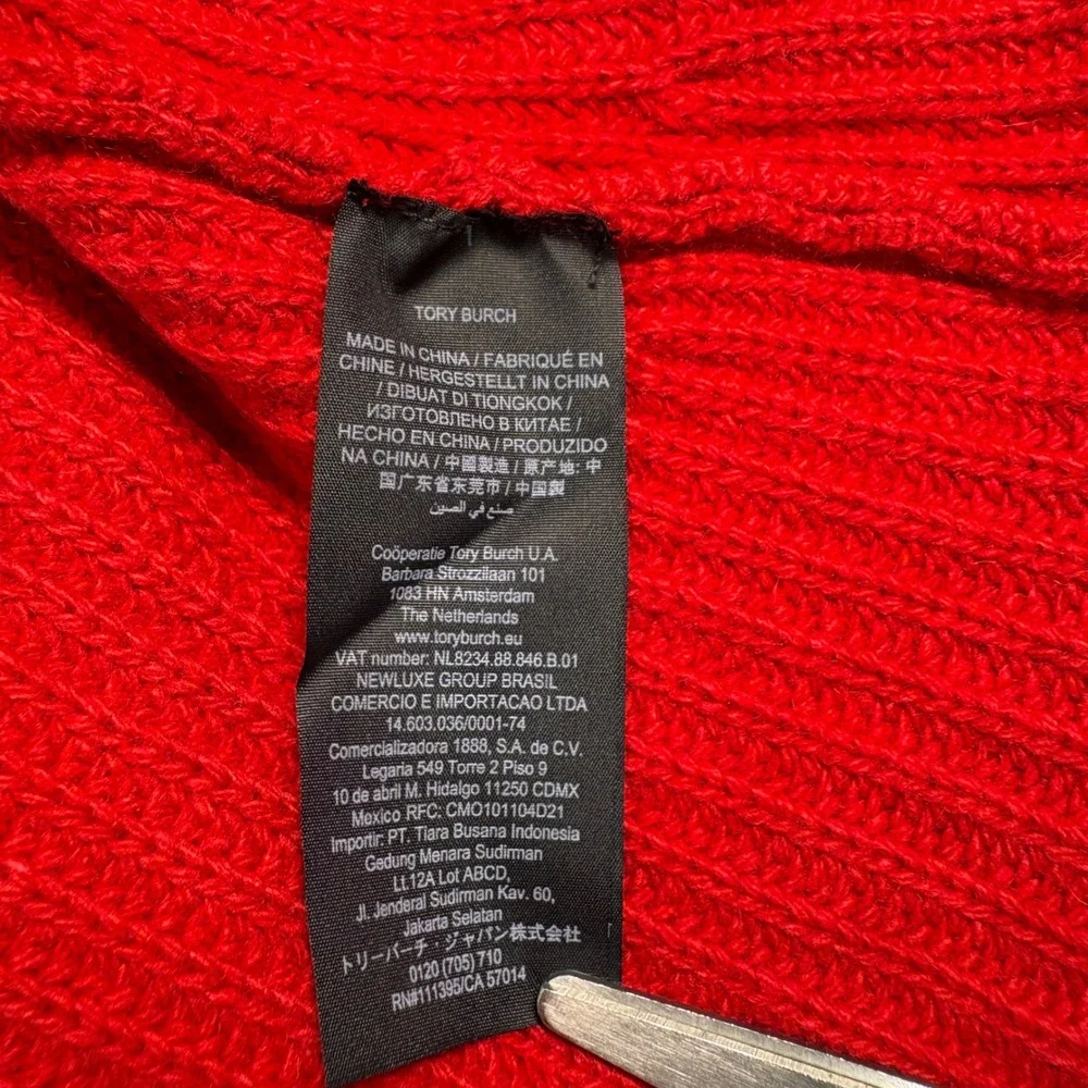 Tory Burch Sweater Womens S Red Kennedy Wool Cashmere Ribbed Knit Holiday NEW